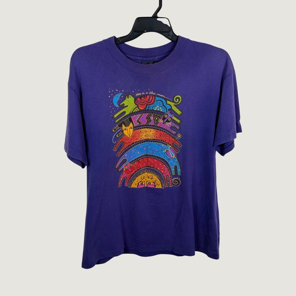 Laurel Burch Once in a Blue Moon Cat T-Shirt Purple Large Stafford Blaine USA